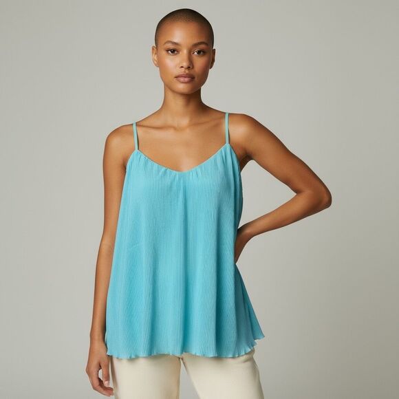 White House black market solid Blue sleeveless spaghetti strap ruffles blouse L - Picture 1 of 12